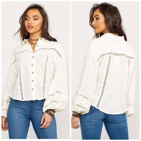 Free People Ivory Crochet Trim Flowy Long Sleeve Button Down Top - Picture 1 of 6